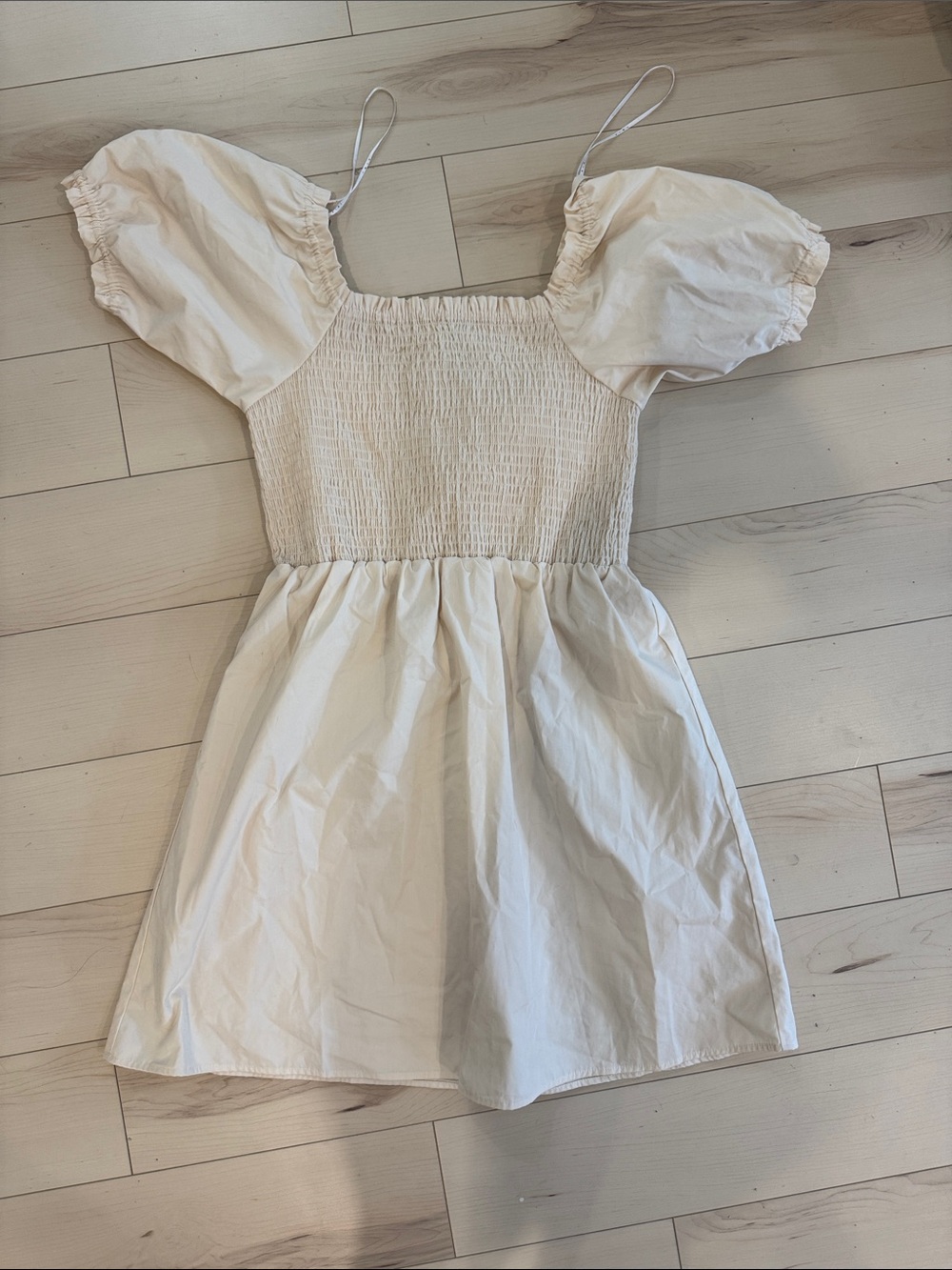 twik Cream Puff-Sleeve Smocked Mini Dress